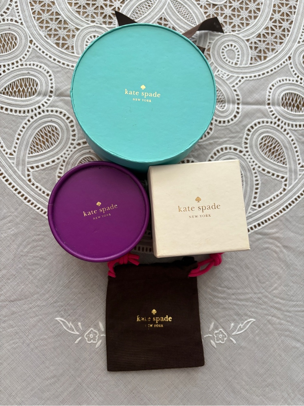kate spade turquoise, purple, cream, brown box and pouch set